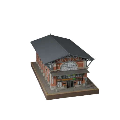 Низкополигональная 3D модель здания вокзала, готовая для игры, вид снаружи, показывающий материалы общедоступного здания и ар