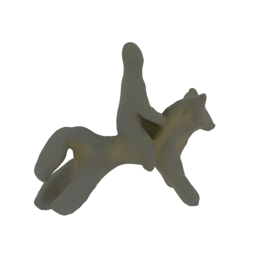 Рендер 3D модели стилизованного всадника на галопирующей лошади с гладкими матовыми поверхностями и художественным дизайном в