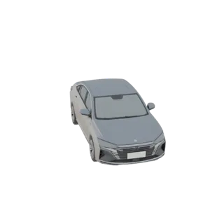 3D модель элегантного серебристого седана, вид с немного приподнятого передне-правого угла на белом фоне.