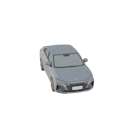 3D модель элегантного серебристого седана, вид с немного приподнятого передне-правого угла на белом фоне.