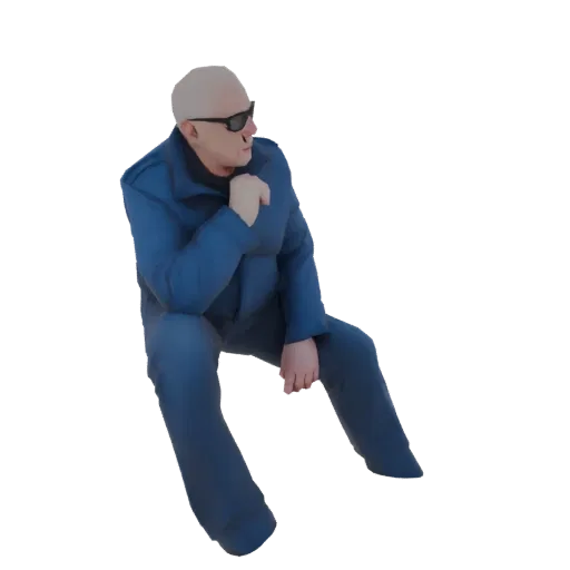 3D модель лысого мужчины в синем костюме и солнцезащитных очках, сидящего с рукой на подбородке и смотрящего в сторону.