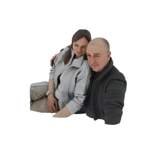 3D модель мужчины и женщины в объятиях, мужчина обнимает женщину за плечи.