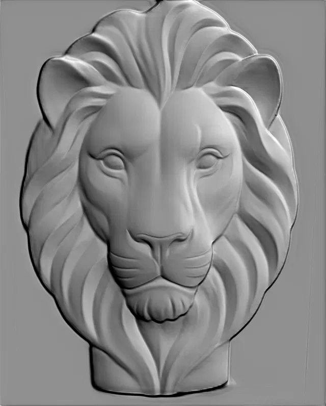 3D модель барельефа головы льва в классическом стиле, с детализированной гривой и выразительной мордой