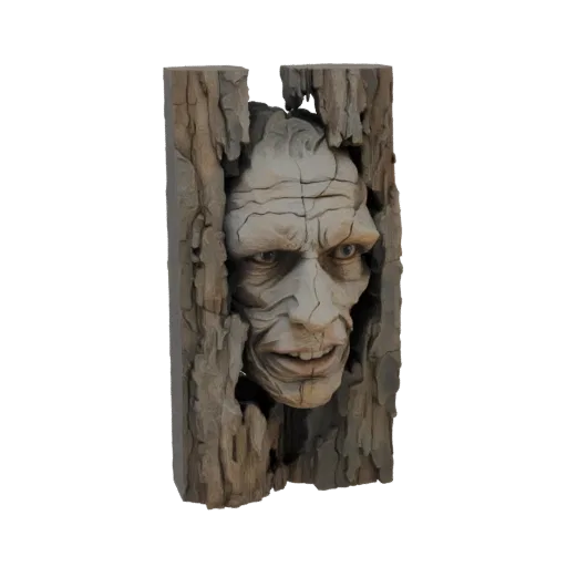 3D модель сморщенного, древнего лица с глубокими морщинами и гримасничающим ртом, появляющегося из текстурированной, выветрен