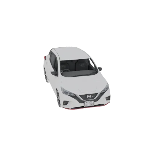 3D-модель белого электромобиля Nissan Leaf, вид с немного приподнятого переднего ракурса на черном фоне.