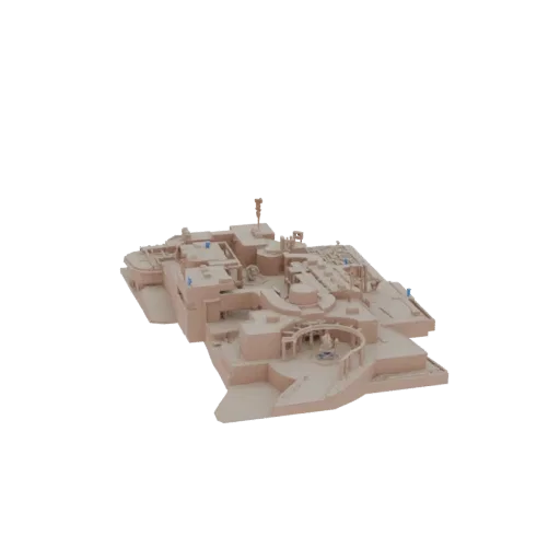3D-модель современного архитектурного комплекса с центральным двором, несколькими уровнями и выразительными башнями, выполнен