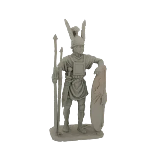 3D модель римского солдата-легионера, стоящего с копьем в левой руке и опирающегося правой рукой на щит скутум.