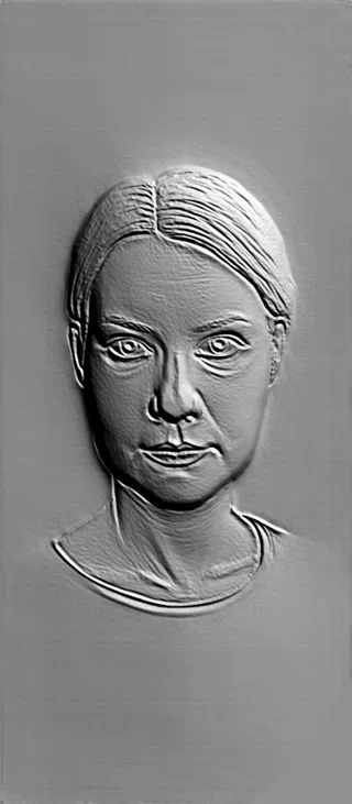 3D модель барельефа женского лица в стиле скульптуры, с проработанными чертами лица и тенями.