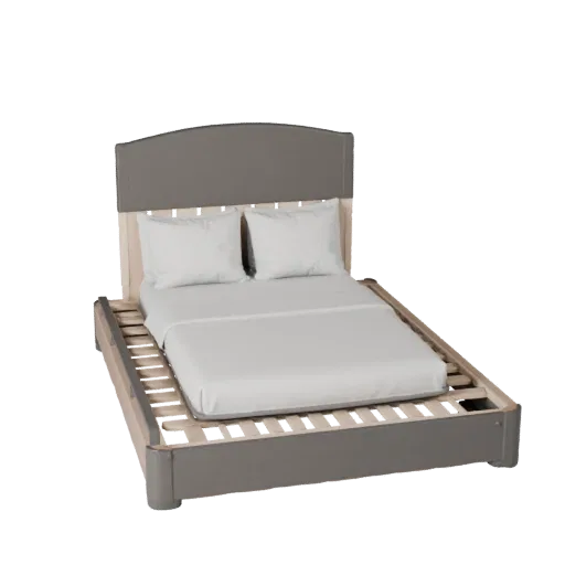 3D-модель каркаса кровати-платформы, спальня, вид спереди в три четверти, окно просмотра Unreal Engine, детали ткани.