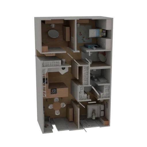 3D модель компактного современного интерьера квартиры, показывающая гостиную, кухню и спальню с мебелью.