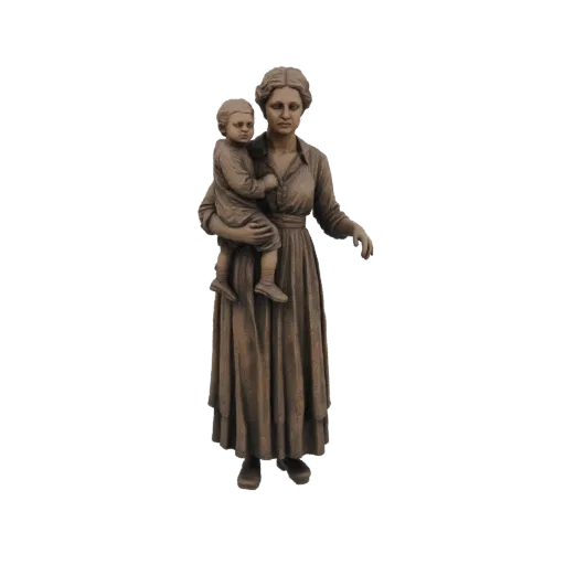 3D модель бронзовой статуи матери с ребенком, классический художественный вид.