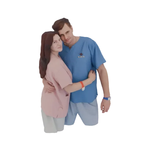 3D модель мужчины в синем медицинском костюме и женщины в розовом медицинском костюме, нежно обнимающихся, оба с браслетами.