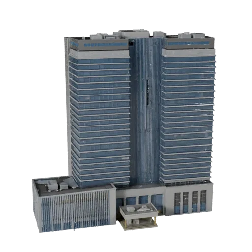 Высокополигональная 3D модель штаб-квартиры, крупный план архитектурного рендера, показывающий материалы коммерческого офисно
