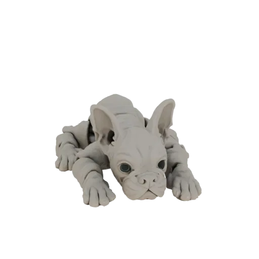 3D модель французского бульдога в позе горгульи, с большими ушами и бдительным выражением, с матовой серой текстурой под каме