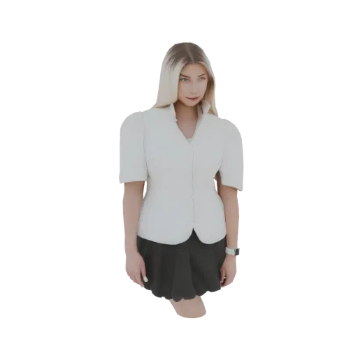 3D модель AI-женщины в белой блузке с пышными рукавами и черной юбке, стоящей на белом фоне.