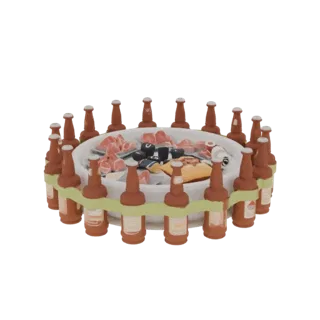 3D модель композиции из бутылок пива, мяса и чипсов, расположенных по кругу и перевязанных зеленой лентой.