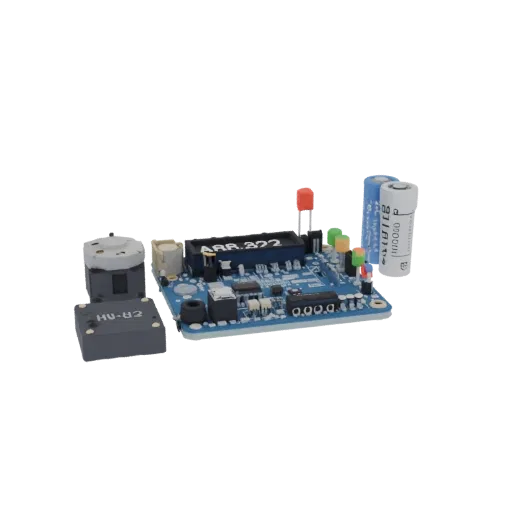 3D модель электронного конструктора на базе Arduino Nano с OLED-дисплеем, радиомодулем HC-12 и энкодером, на белом фоне.