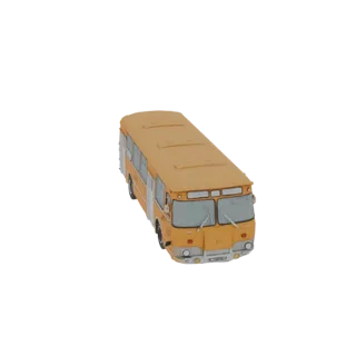 3D модель винтажного желтого городского автобуса, вид с немного приподнятого передне-правого угла на белом фоне.