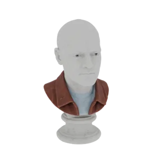 Рендер 3D-модели бюста лысого мужчины в коричневой куртке и синей рубашке на постаменте в стиле мрамора.
