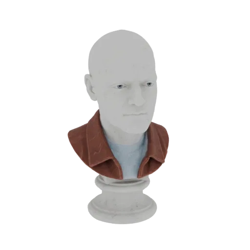 Рендер 3D-модели бюста лысого мужчины в коричневой куртке и синей рубашке на постаменте в стиле мрамора.