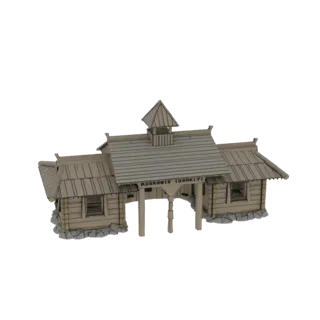 3D модель деревенской деревянной сторожки с бревенчатыми стенами, двускатной крышей и арочным входом с табличкой.