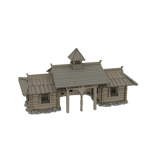 3D модель деревенской деревянной сторожки с бревенчатыми стенами, двускатной крышей и арочным входом с табличкой.