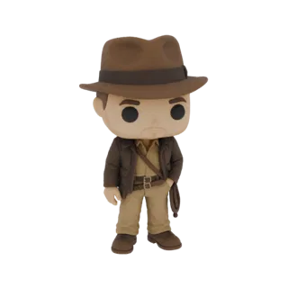 3D-модель Индианы Джонса в стиле Funko Pop, в шляпе и куртке, с кнутом.