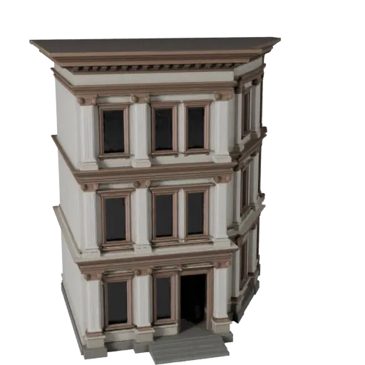 Стилизованная 3D модель классического фасада, изометрический вид стилизованной игровой среды, показывающий материалы фасада з