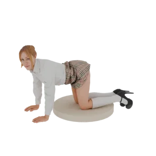 3D модель аниме школьницы в белой рубашке и клетчатой юбке, стоящей на четвереньках.