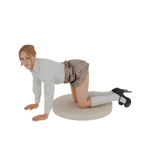 3D модель аниме школьницы в белой рубашке и клетчатой юбке, стоящей на четвереньках.