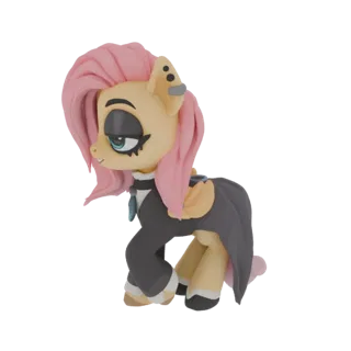 3D модель Флаттершай из My Little Pony в готическом наряде, с розовыми волосами, темным макияжем и струящимся черным платьем,