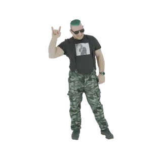 3D модель мужчины с ярко-зелеными волосами, солнцезащитными очками и камуфляжными штанами, делающего жест "коза".