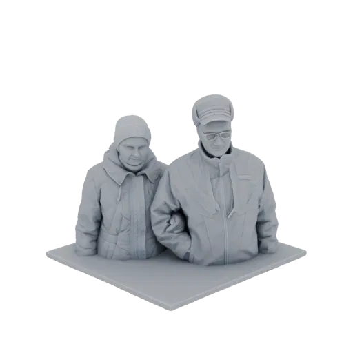 Рендер 3D модели бюста пожилой пары в зимней одежде на квадратном основании.