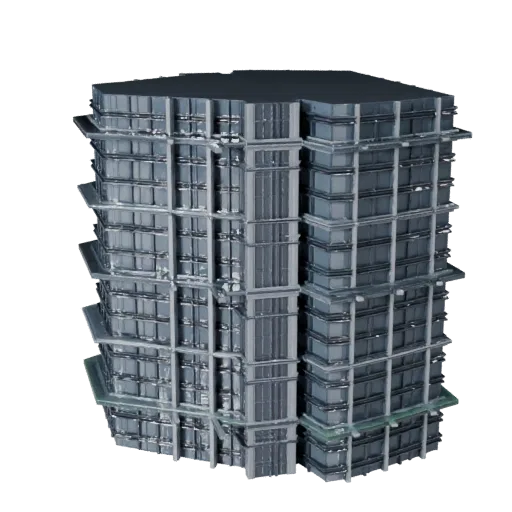 Высокополигональная 3D модель фасада навесной стены, крупный план архитектурного рендера, показывающий материалы фасада здани
