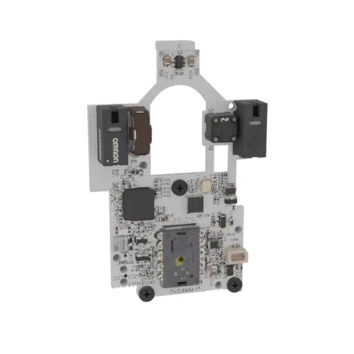 3D-модель печатной платы (PCB) компьютерной мыши с переключателем Omron и другими электронными компонентами.