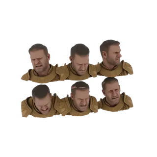 Набор из шести 3D моделей голов воинов с различными гримасами, в богато украшенной золотой броне.