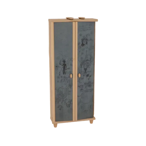 3D модель светлого деревянного шкафа с темными, детализированными граффити на дверцах, с фигурами и текстом.