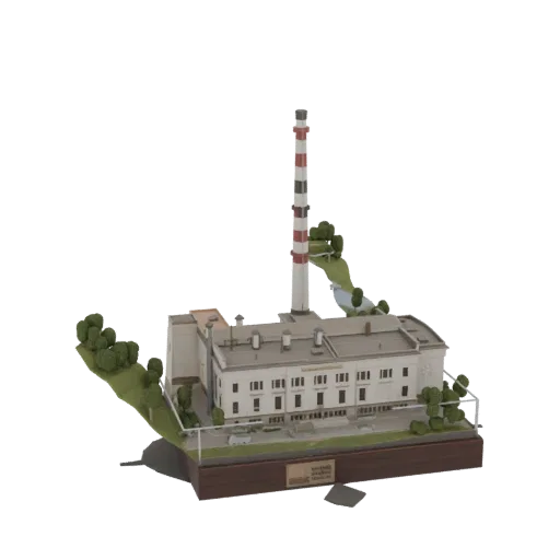 3D модель индустриальной электростанции с высокой красно-белой полосатой трубой, главным зданием и окружающим ландшафтом с де
