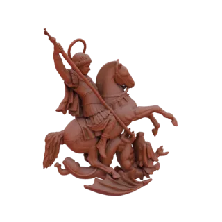 3D модель Святого Георгия на коне, пронзающего дракона, выполненная из красновато-коричневого материала на белом фоне.