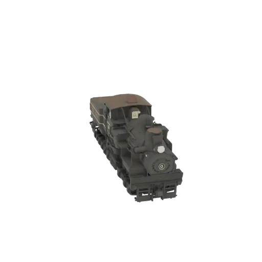 3D модель темно-серого винтажного паровоза с коричневой крышей, вид сбоку под небольшим углом на черном фоне.