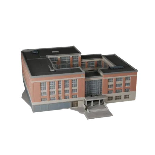 Стилизованная 3D модель здания школы, изометрический вид стилизованной игровой среды, показывающий материалы общедоступного з