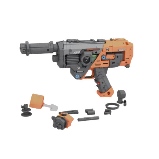 3D модель бластера Rotofury Nerf с отдельными деталями, разложенными вокруг