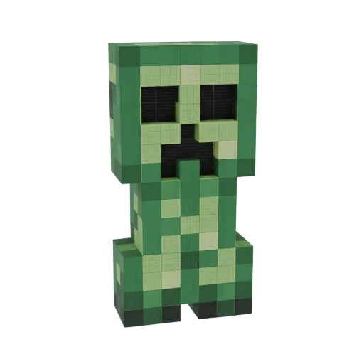 3D модель зеленого персонажа Крипера из Minecraft с пиксельной текстурой, стоящего на белом фоне.