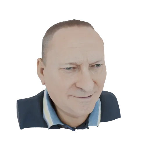 Рендер 3D модели головы и плеч мужчины в темном пиджаке и рубашке в полоску.