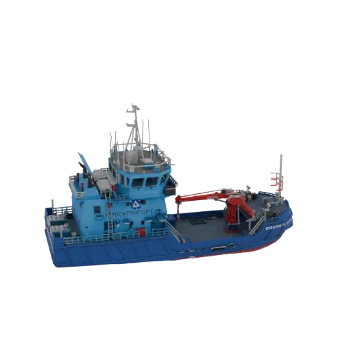 3D модель сине-голубого буксира с красным краном на палубе, вид с трехчетвертной перспективы.