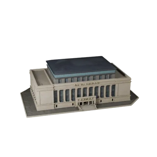 Печатная STL 3D модель здания театра, изометрический вид, показывающий материалы общественного здания и архитектурные детали