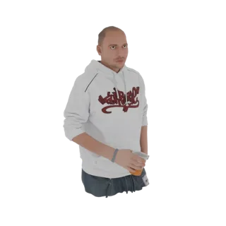 3D модель лысого мужчины в белой толстовке, держащего прозрачный стакан с оранжевым напитком.