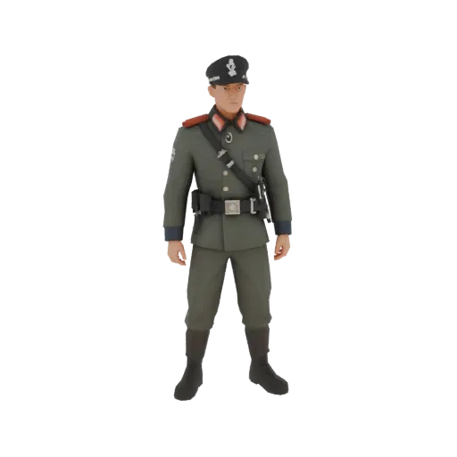 3D модель офицера вермахта в серой униформе образца 1936 года, стоящего в полный рост на черном фоне.