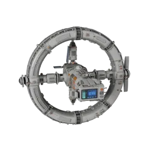 3D-модель модуля стыковки в глубоком космосе, вид спереди три четверти, вьюпорт Unreal Engine, показывающий металлические мод