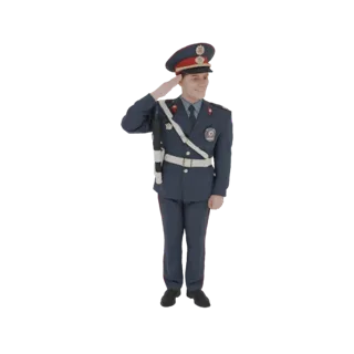 3D модель военного в темно-синей форме и фуражке, отдающего честь правой рукой, поднятой ко лбу.